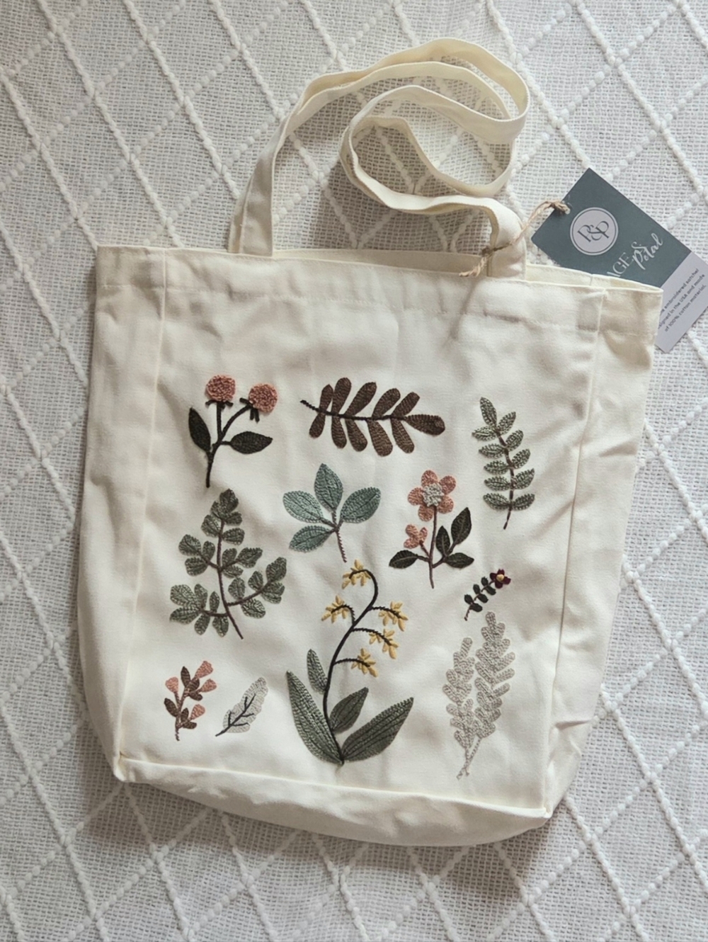 Page And Petal Flowers Plants Resuable Embroidered Cotton Tote Satchel